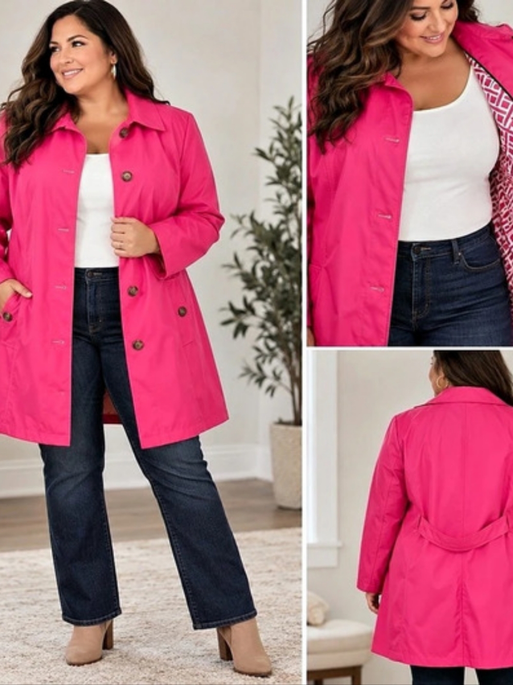Dennis by Dennis Basso 3X Fuchsia Pink Trench Coat Preppy Classic Statement